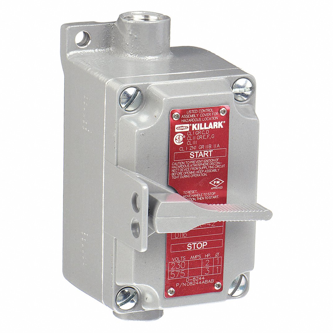 HUBBELL KILLARK Motor Starter Switch: 1 Gang, 2 Poles, 20 A, 0.5 in Hub Dia, Feed Through